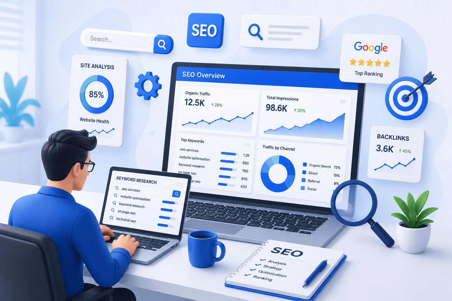 SEO expert analysing website performance and improving search engine rankings