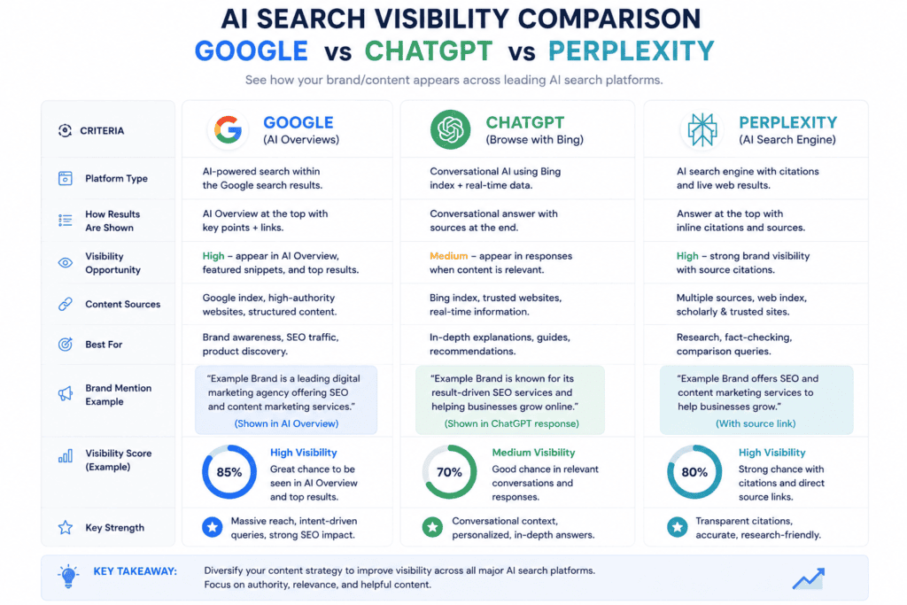 An infographic comparison table titled "AI Search Visibility Comparison: Google vs ChatGPT vs Perplexity" detailing how brand content appears across leading AI search platforms based on visibility scores, content sources, and strengths.
