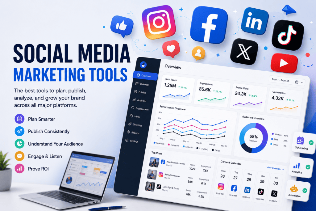 12 Best Social Media Marketing Tools in 2026 (Ranked & Reviewed) 2 Overview of top social media marketing tools showing analytics dashboards, scheduling features, and social media platform icons.