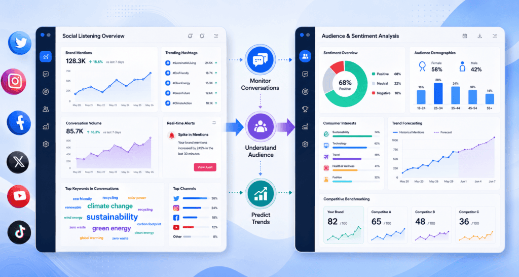 12 Best Social Media Marketing Tools in 2026 (Ranked & Reviewed) 3 Side-by-side comparison graphic showing social listening and audience sentiment analysis dashboards with trend forecasting, consumer insights, and competitive benchmarking metrics.