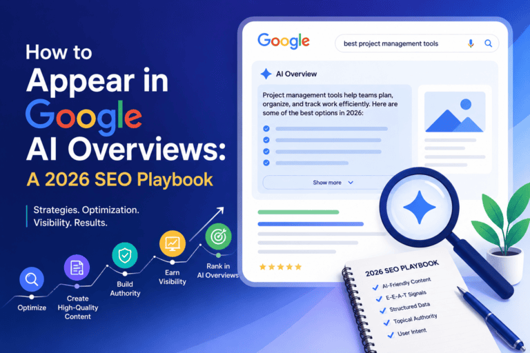 How to Appear in Google AI Overviews: A 2026 SEO Playbook infographic illustrating AI Overview optimization, SEO strategy, structured content, and search visibility.