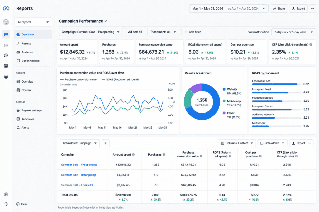 A screenshot of the Meta Ads Manager "Reports" dashboard showing a "Campaign Performance" overview for a "Summer Sale" campaign.

The top of the dashboard displays key performance metrics with comparison data: Amount spent ($12,845.32, up 8.7%), Purchases (1,258, up 23.4%), Purchase conversion value ($64,678.21, up 31.6%), ROAS (5.03, up 44.5%), Cost per purchase ($10.21, down 11.8%), and CTR (2.35%, up 9.1%).

Below the metrics, a line graph tracks "Purchase conversion value" (blue line) and "ROAS" (green line) over time. To the right of the graph, a breakdown pie chart shows that the majority of results came from the website, followed by mobile app and other sources. A final vertical bar chart on the far right displays "ROAS by placement," with Facebook Feed leading at a 6.12 ROAS, followed by Instagram Feed at 4.67, and Instagram Reels at 3.98.