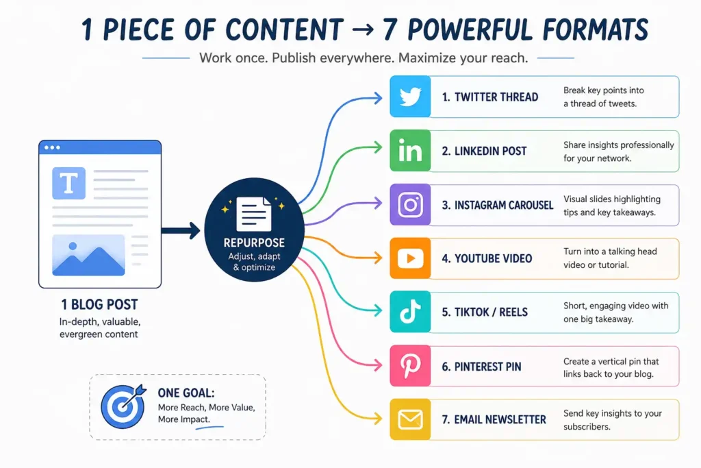 15 Social Media Marketing Hacks to Grow Faster 2 content repurposing flow from one blog post into seven social media formats